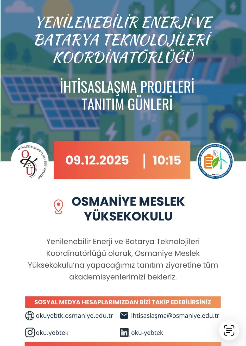 Yenilenebilir Enerji ve Batarya Teknolojileri İhtisaslaşma Projeleri Tanıtım Günleri